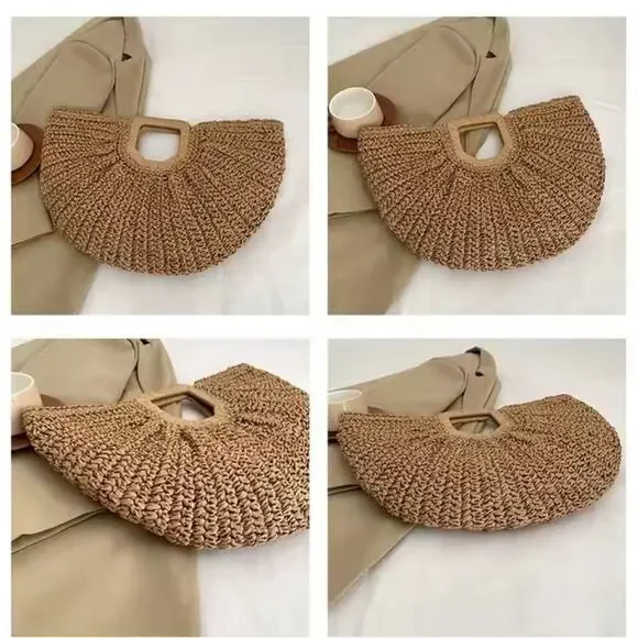 Ramla Bohemian Tan Hobo Straw Bag Half moon 
Round Women Handbags Half moon - Picture 3 of 4